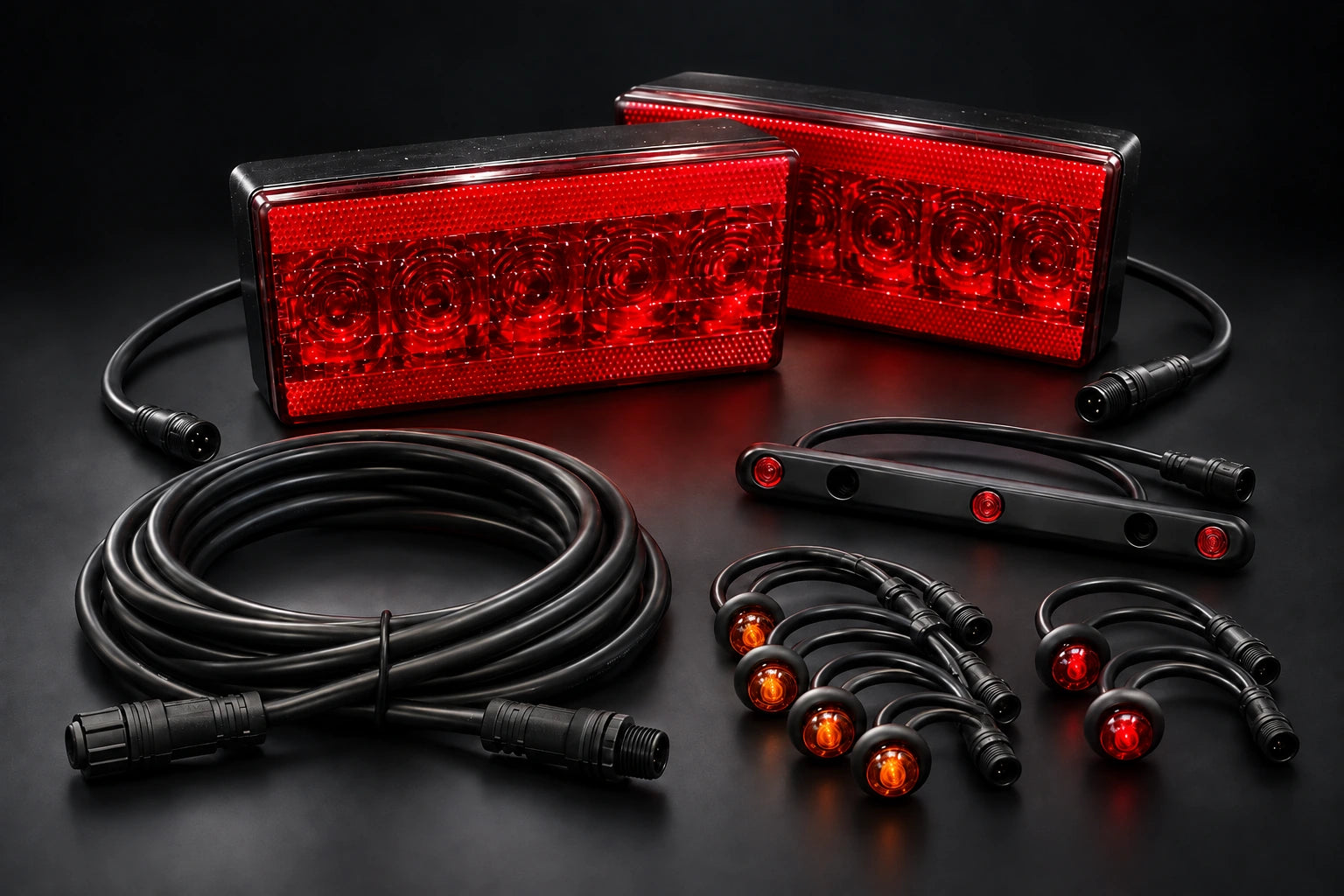 Studio presentation of Kraken trailer lights, four amber marker lights and jacketed wiring