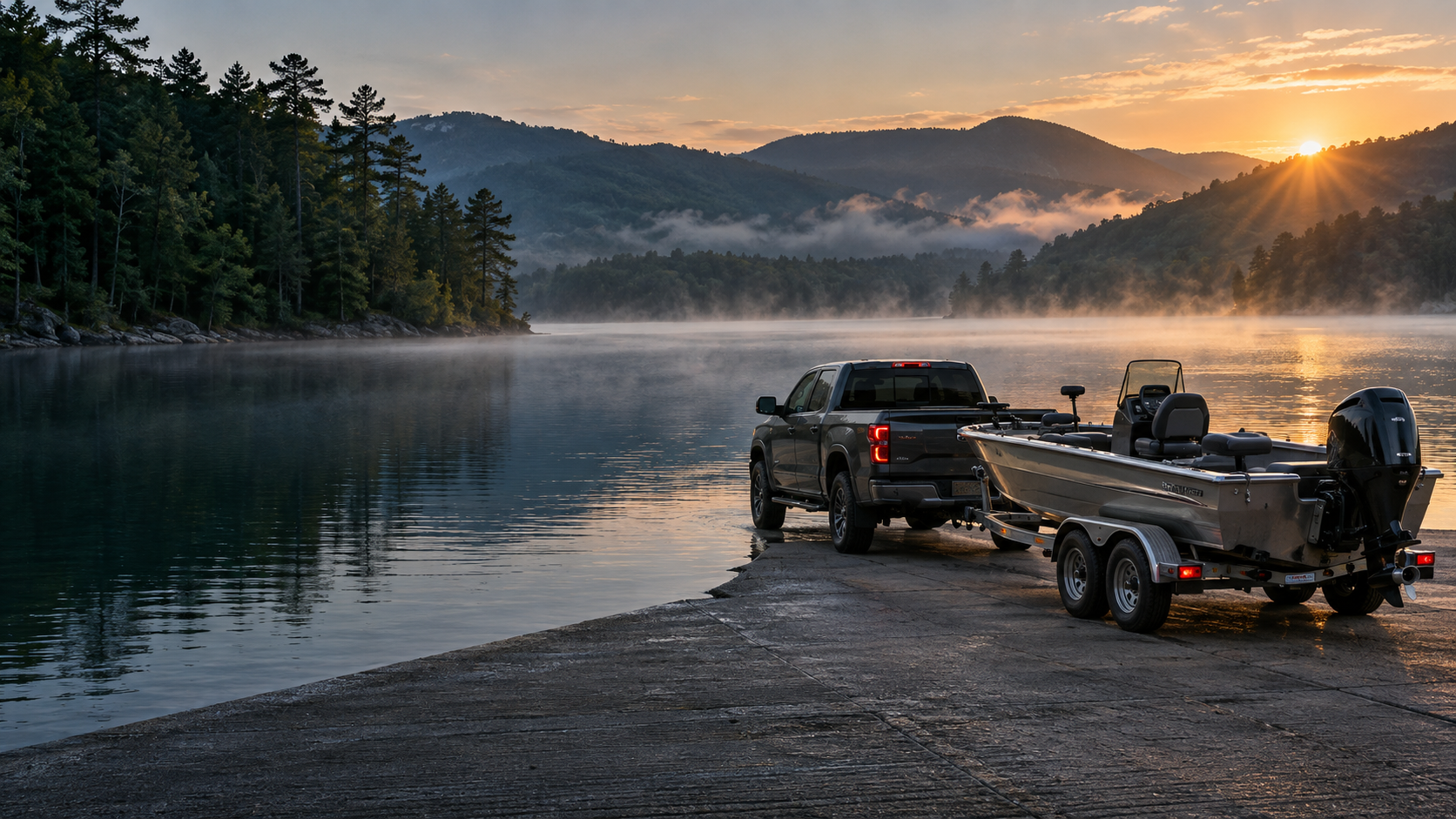 Illustrative boat-launch scene at a lake